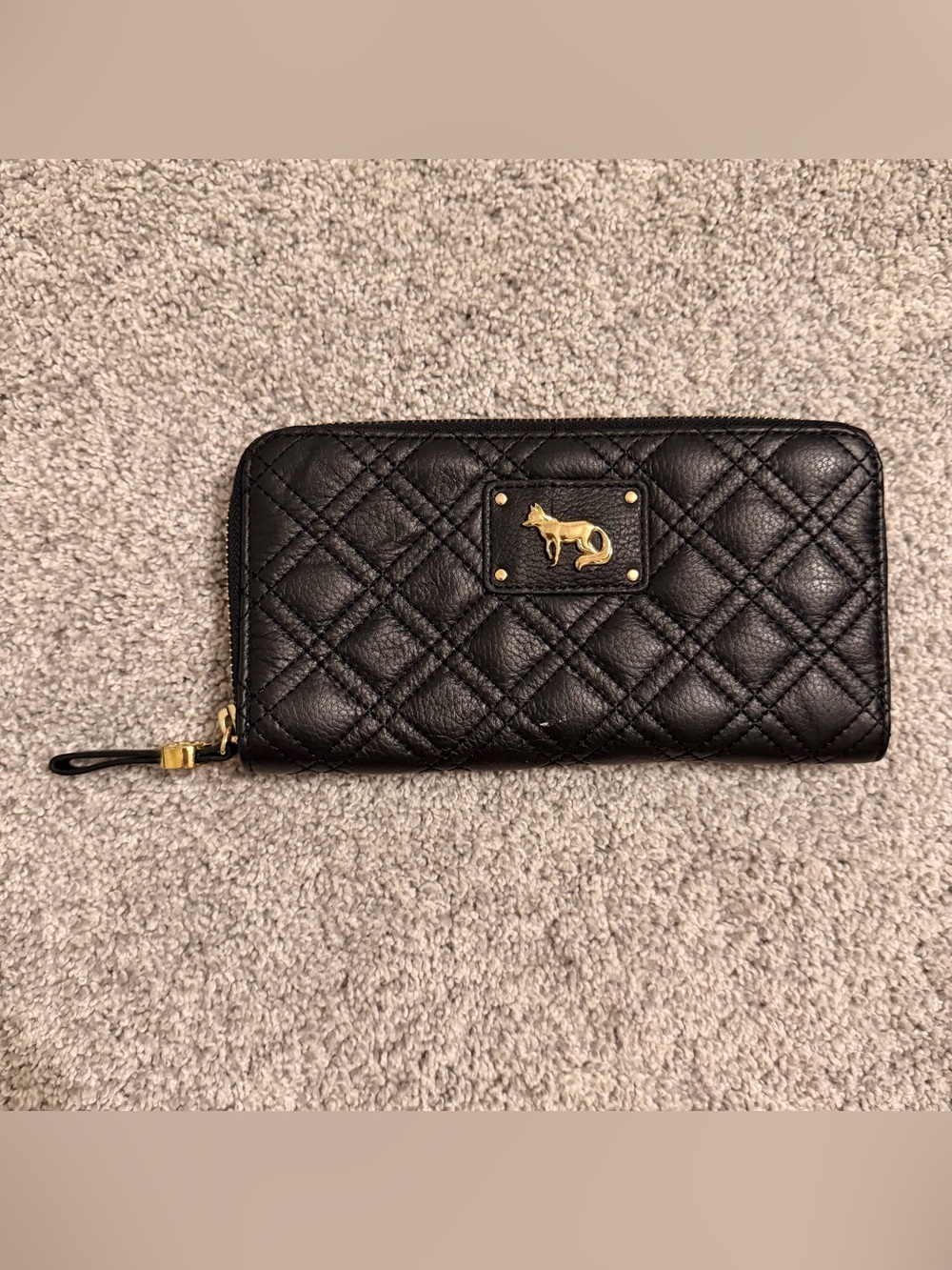 Black Quilted Leather Zip Wallet with Gold Fox Accent